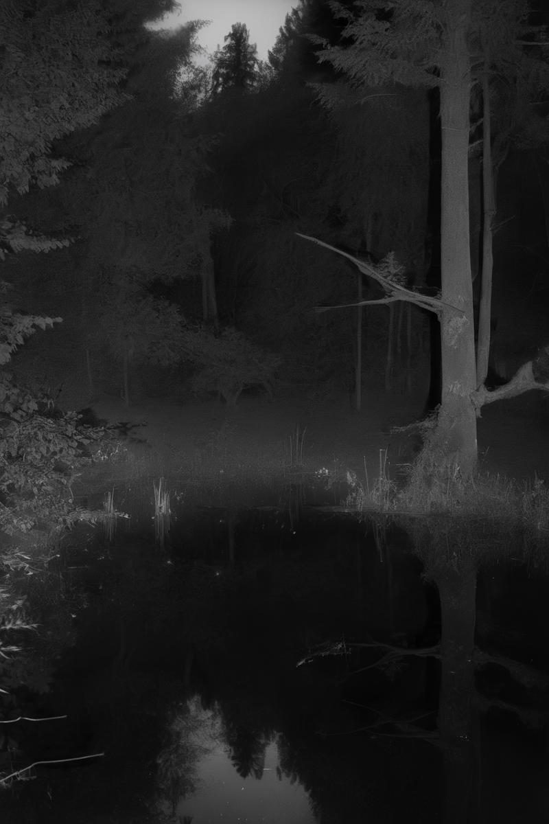 00088-1681071768-_lora_Photographer Elena Helfrecht Style_1_Photographer Elena Helfrecht Style - a black and white photo of a pond in the woods a.png